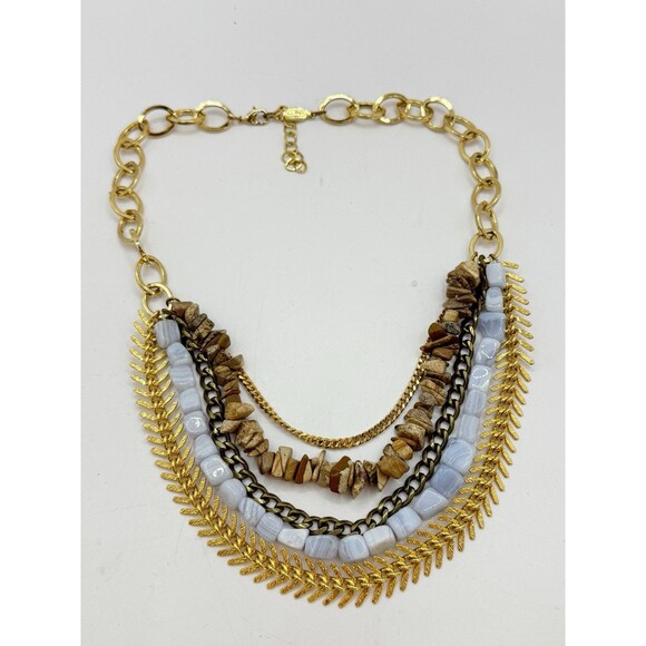 Ab Max Stone & Mixed Chain Layered Multistrand Necklace Gold Tone Boho Bohemian - Picture 2 of 13
